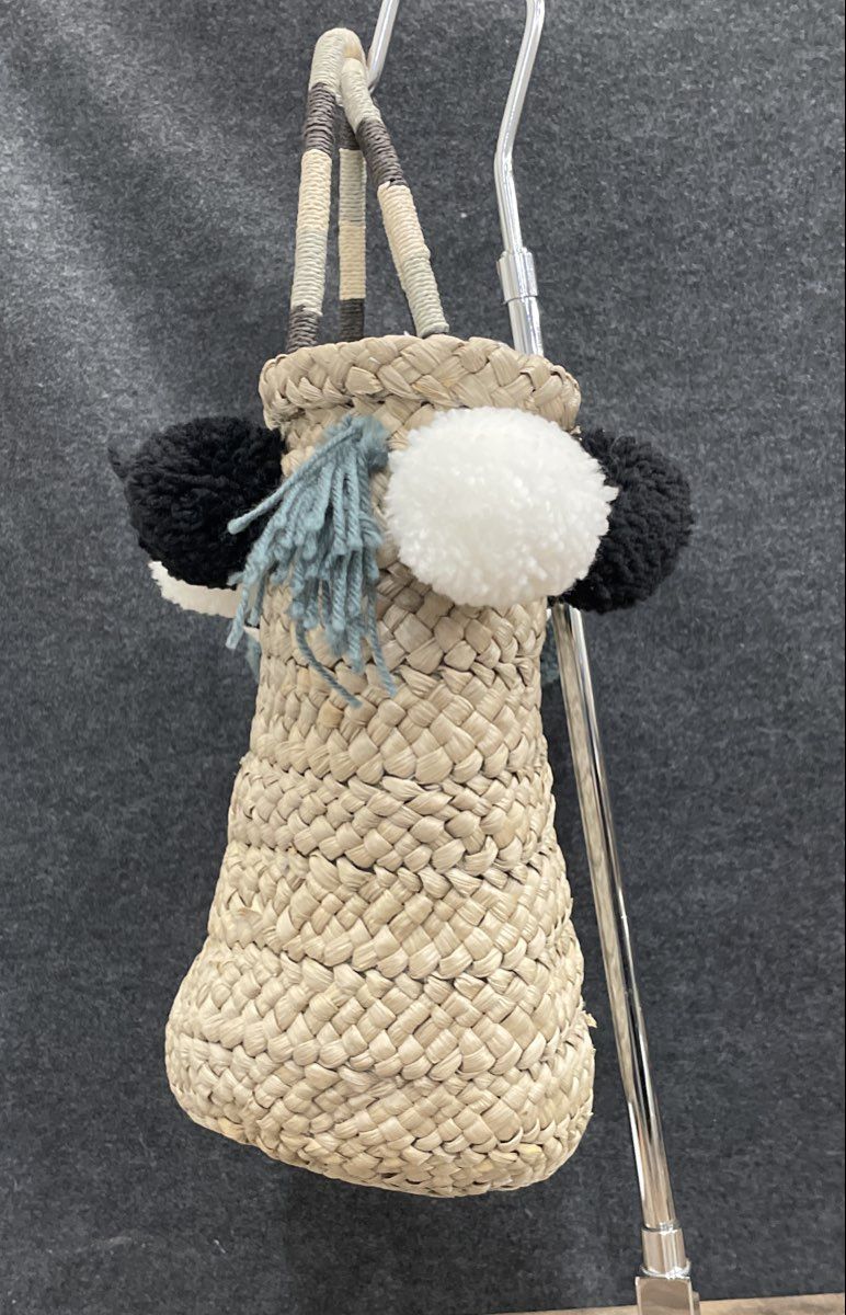 Clements Ribeiro Pop Woven Straw Tote Bag Pom Pom Accents Beige Multi