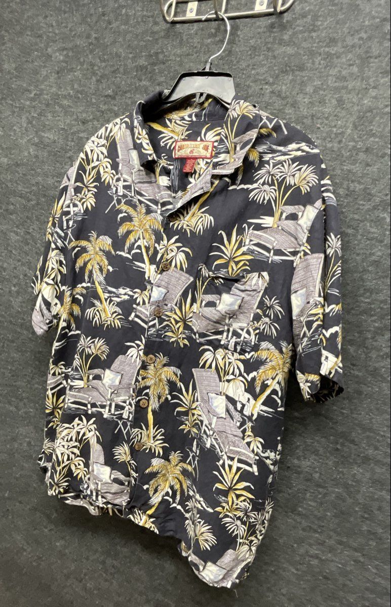 Caribbean Joe Men's Hawaii Shirt Navy Blue Linen Blend Tropical Palm Sz L