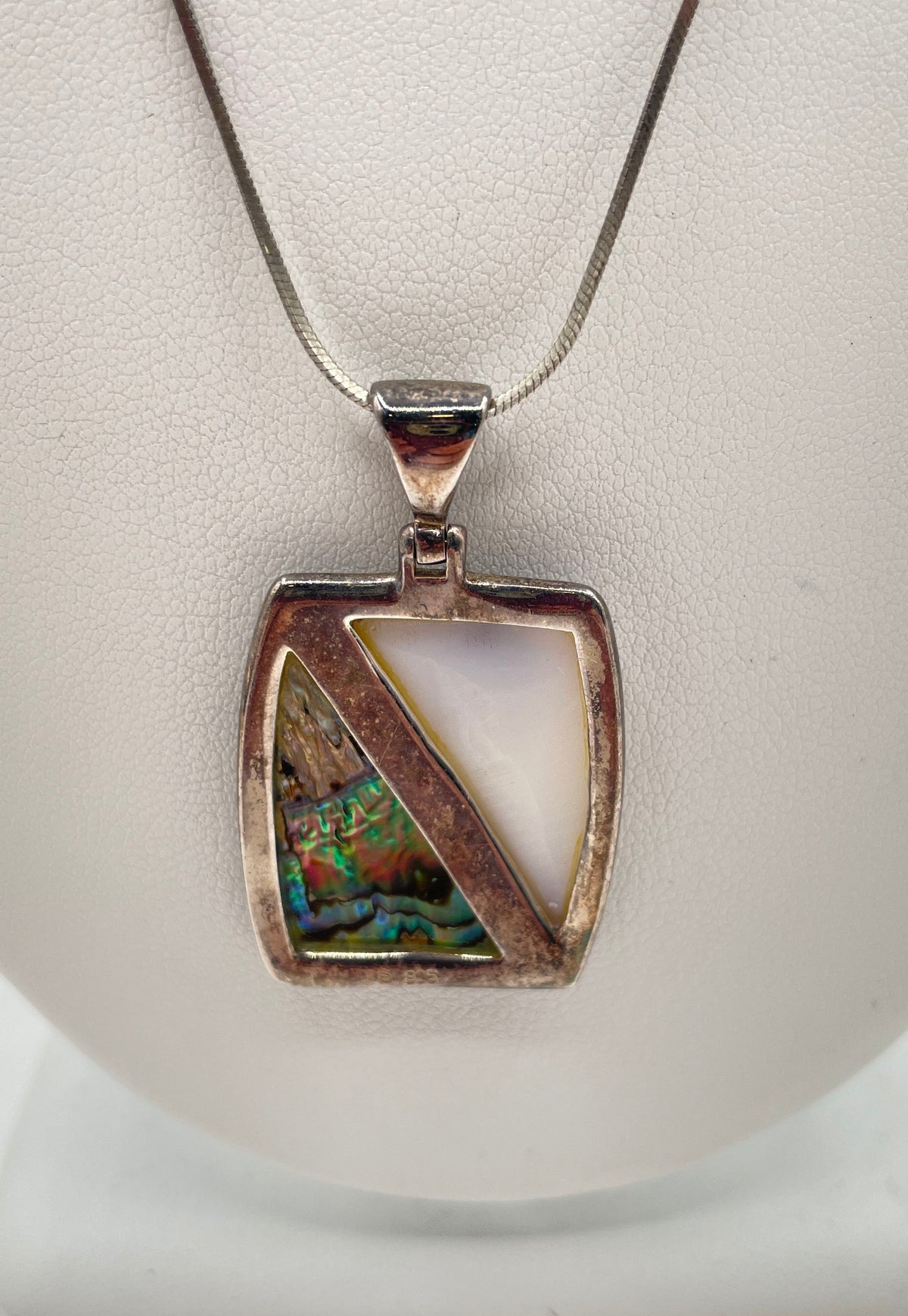 925 Sterling Silver Wampum & Abalone Shell Split Pendant Necklace 8.5g