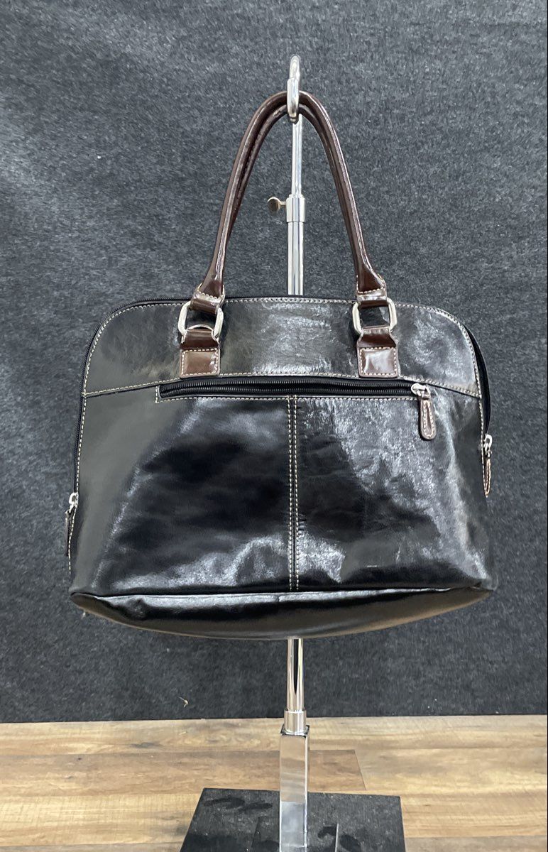 Giani Bernini Black and Brown Faux Leather Satchel Bag Silver Tone Hardware