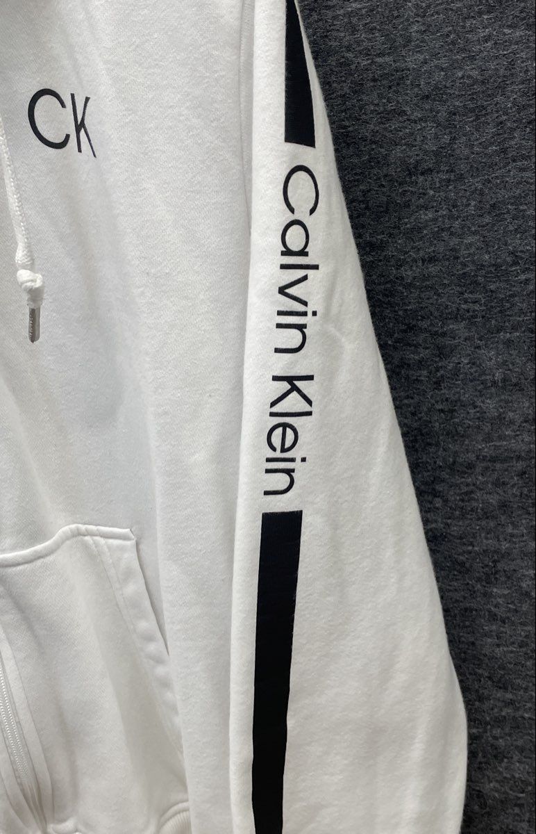 Calvin Klein Women's White Full Zip Hoodie CK Logo Sleeve Stripe Size L