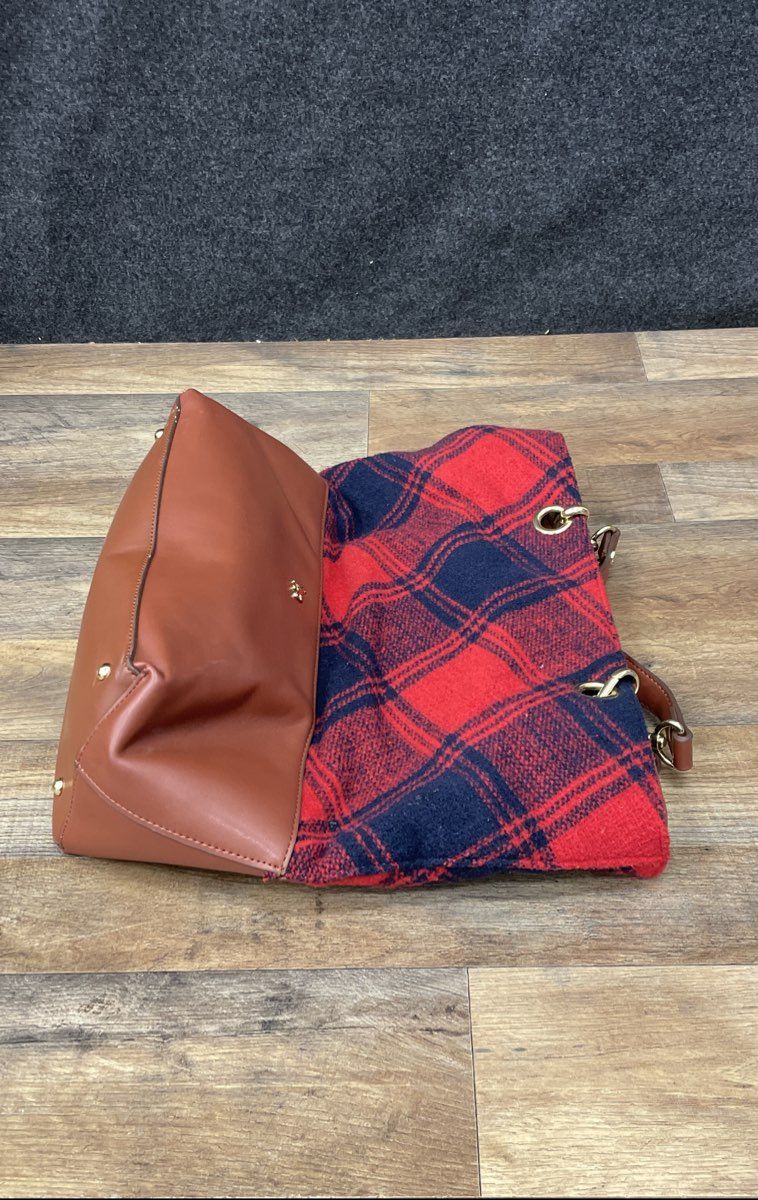 Emma Fox Red Navy Plaid Wool Tote Bag Brown Leather Base Gold Hardware