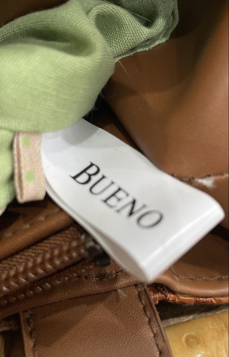 Bueno White Fabric Brown Leather Embroidered Woven Tote Bag Bamboo Handle