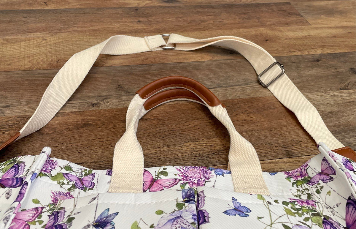 White Floral Butterfly Fabric Tote Bag Large Crossbody Shoulder Purse