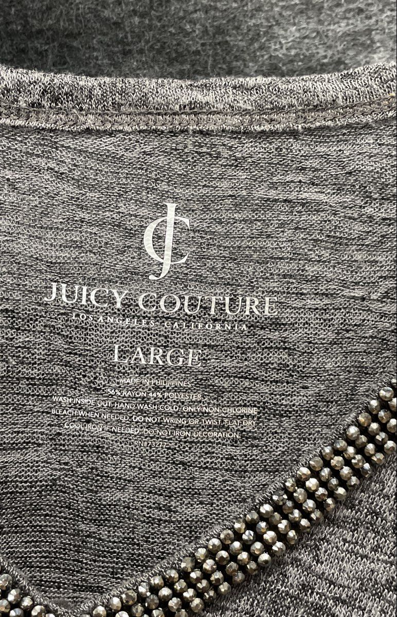 Juicy Couture Women's Grey V-Neck Shirt Embellished Cold Shoulder Heathered Sz L