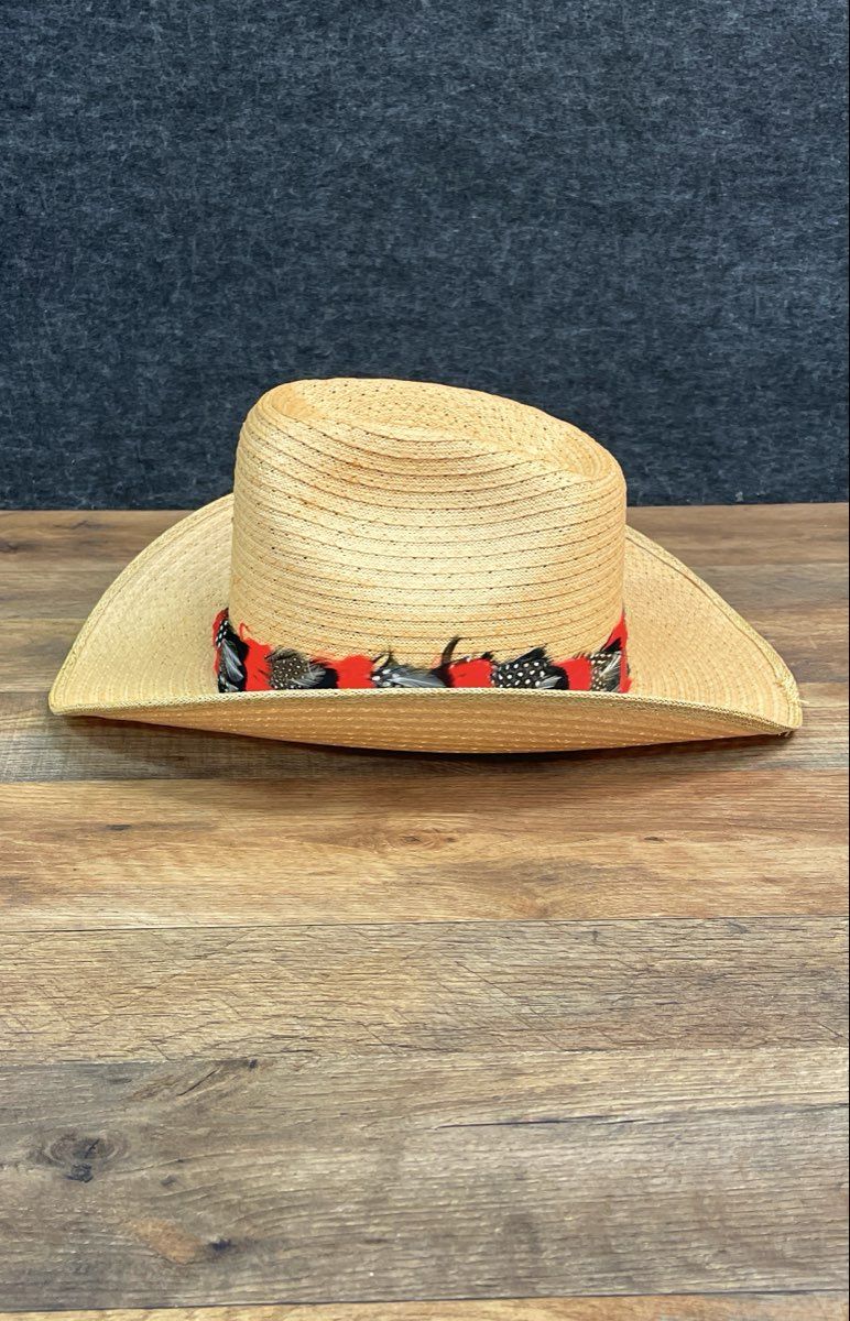 Unisex Tan Woven Straw Western Cowboy Hat Red Black Feather Hatband