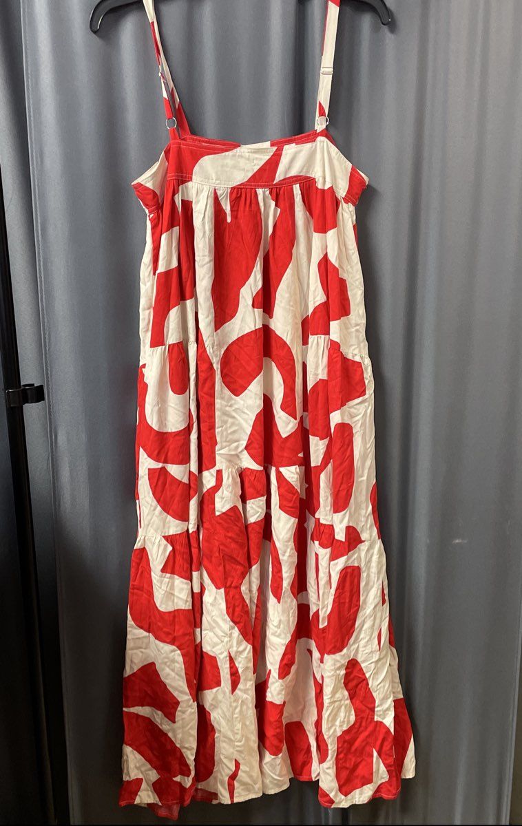 Abel the Label Women's Cream Red Abstract Print Tiered Rayon Maxi Dress Sz S