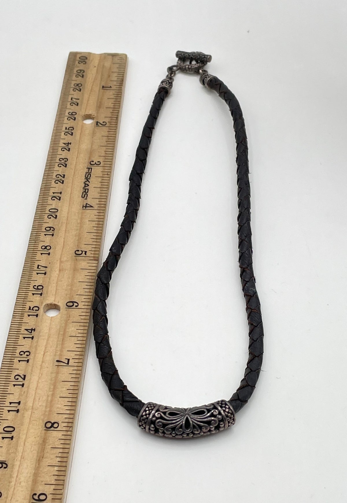 925 Sterling Silver Filigree Tube Bead & Clasp Braided Leather Necklace 15.9g