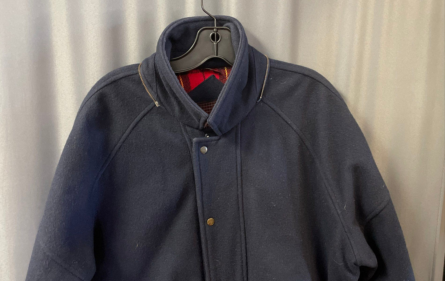 Vintage 90s Caynes Men's Navy Blue Wool Blend Plaid Lined Bomber Coat Sz L/XL