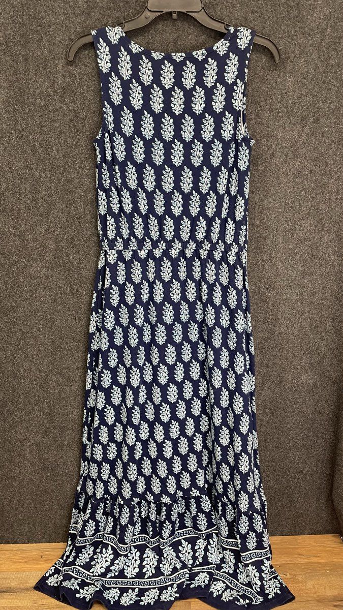 Talbots Women's Navy Blue White Block Print Tie Neck Tiered Dress Sz XS