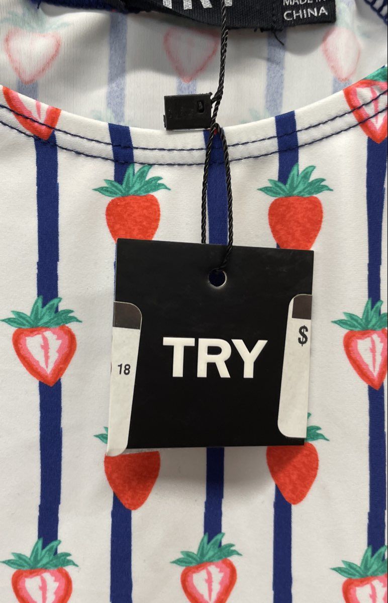 TRY Women's Strawberry Print Swim Cover Up Dress Blue Stripe Ruffled Tier Sz 18