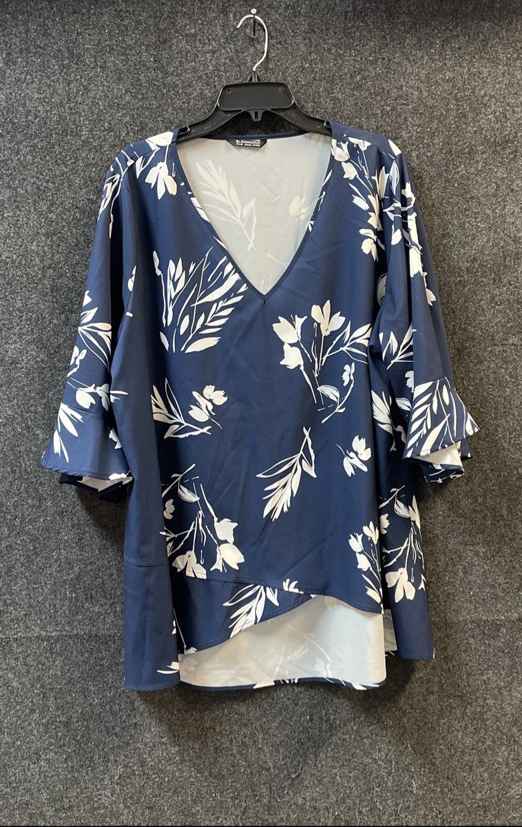 Bloomchic Women's Navy Floral V-Neck Blouse Flounce Sleeve Tulip Hem Sz 18-20