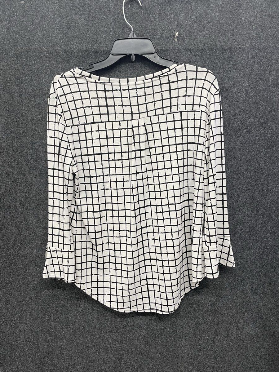 Elle Women's White Black Grid Pattern Bell Sleeve High Low Hem Blouse Sz M