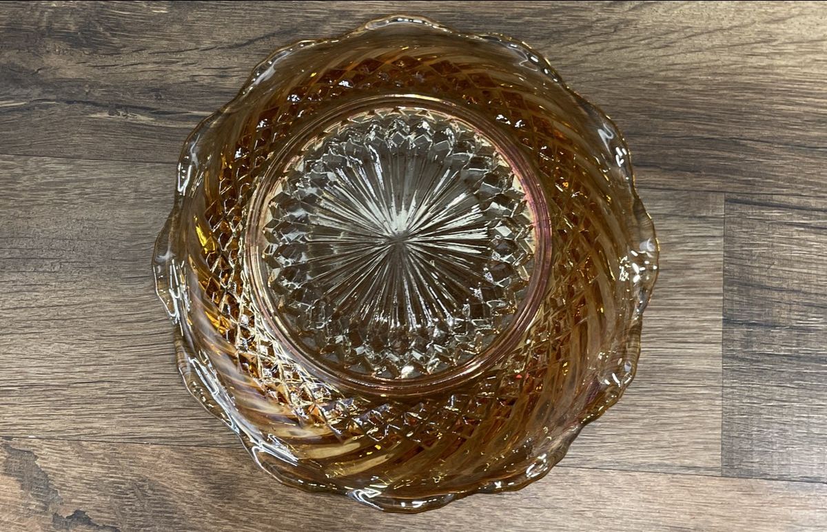 Vintage Jeannette Swirl Marigold Carnival Glass Ruffled Candy Bowl Dish