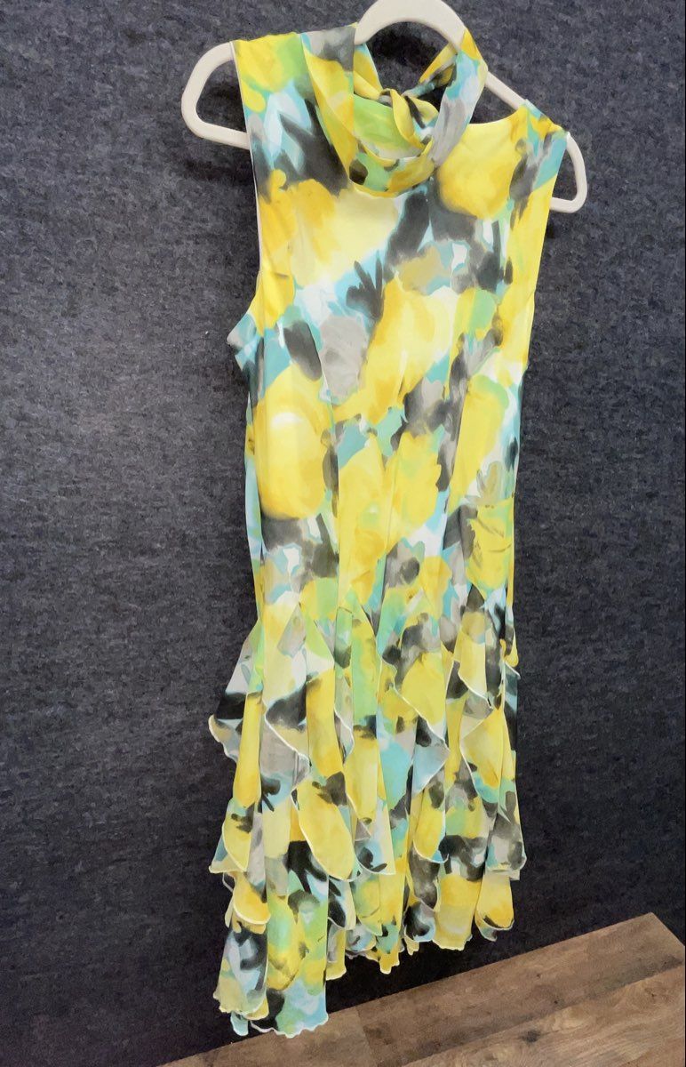 Robbie Bee Women's Yellow Floral Tiered Ruffle Tie Neck Dress Size M