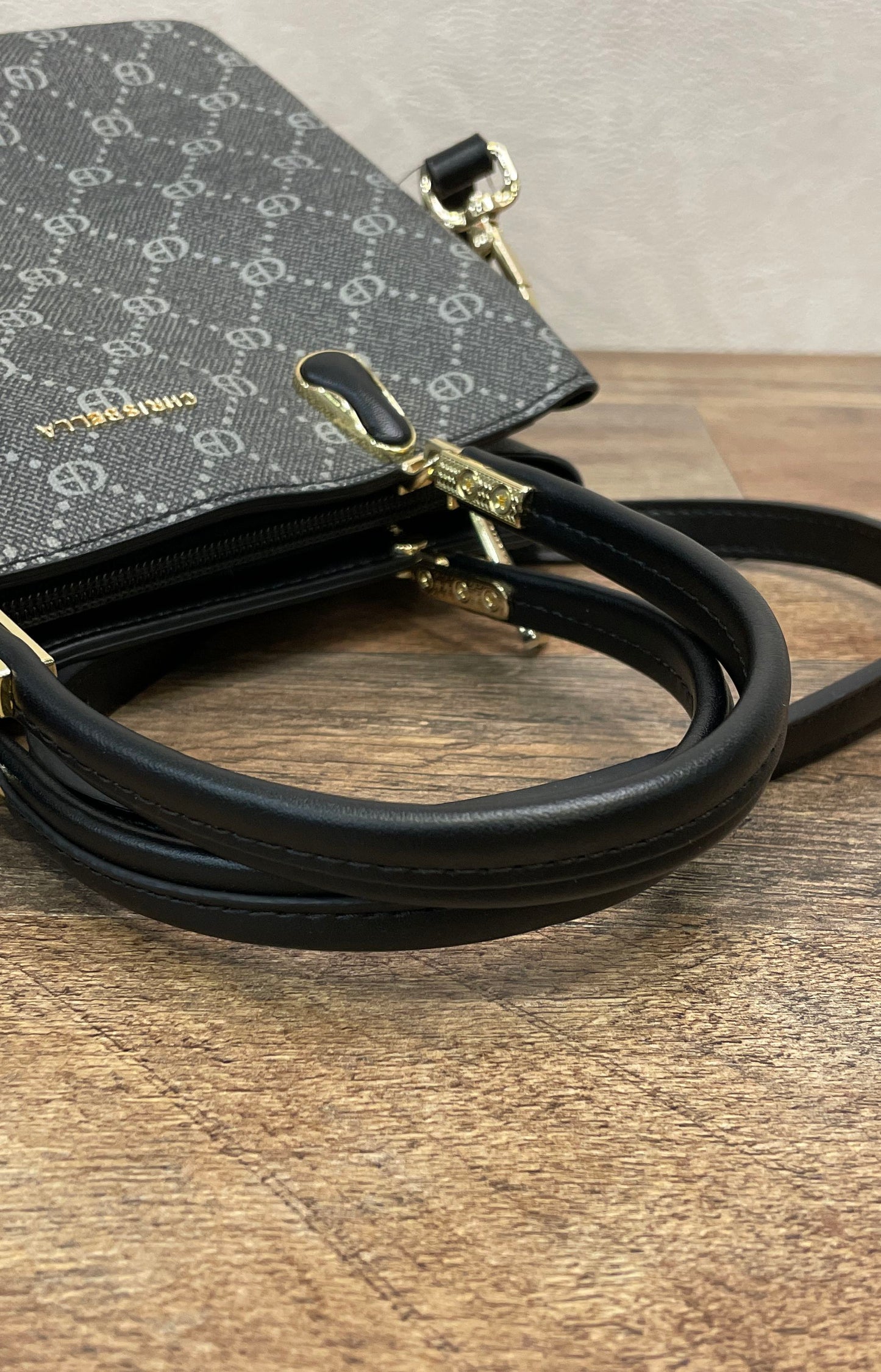 Chrisbella Gray Monogram Satchel Handbag Black Trim Gold Hardware Crossbody