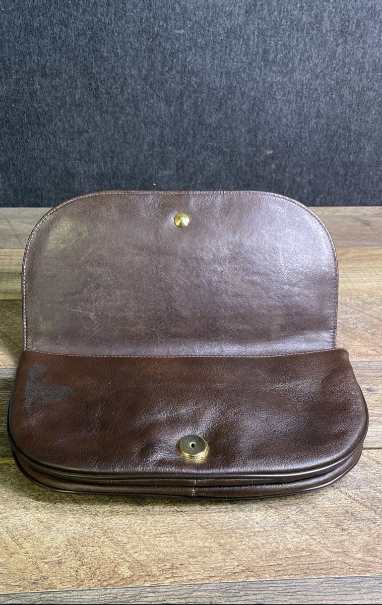 Vintage Zenith Dark Brown Handmade Leather Clutch Crossbody Bag Gold Hardware