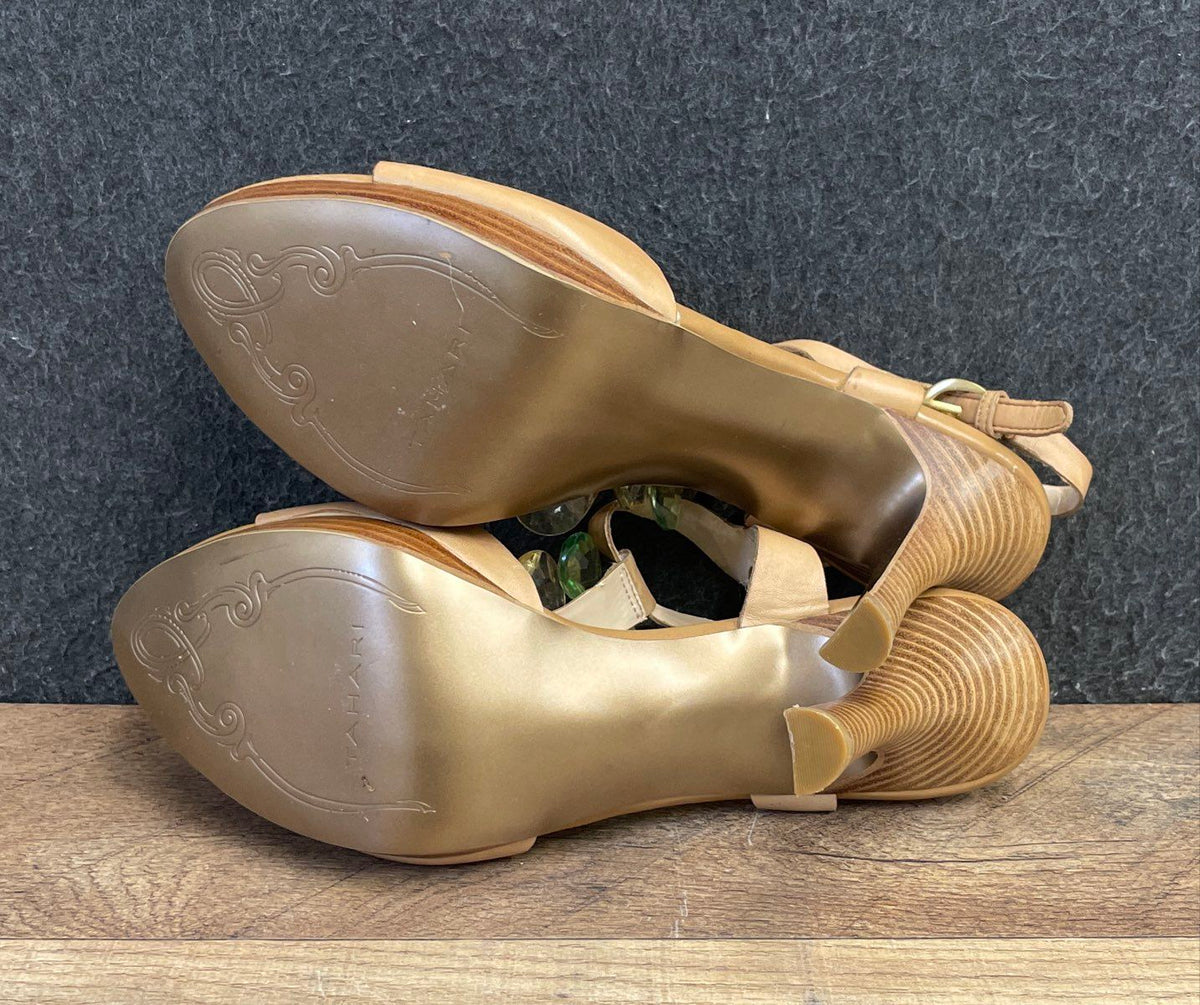 Tahari Treble Women's Tan Leather Gem Embellished Slingback Heels Size 9M