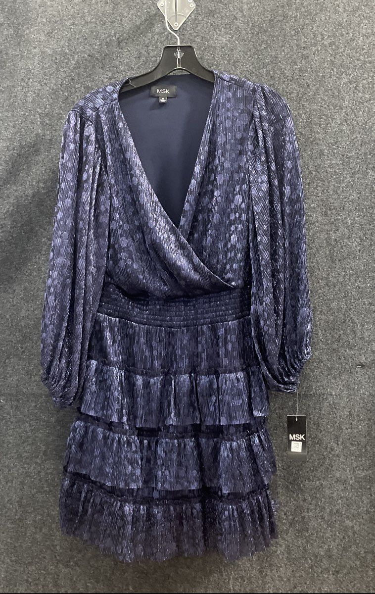 MSK Women's Navy Blue Metallic Polka Dot Pleated Tiered Smocked Dress Sz M NWT