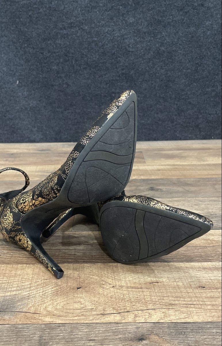 Christian Siriano for Payless Black Gold Floral Ankle Strap Pumps Size 7.5W