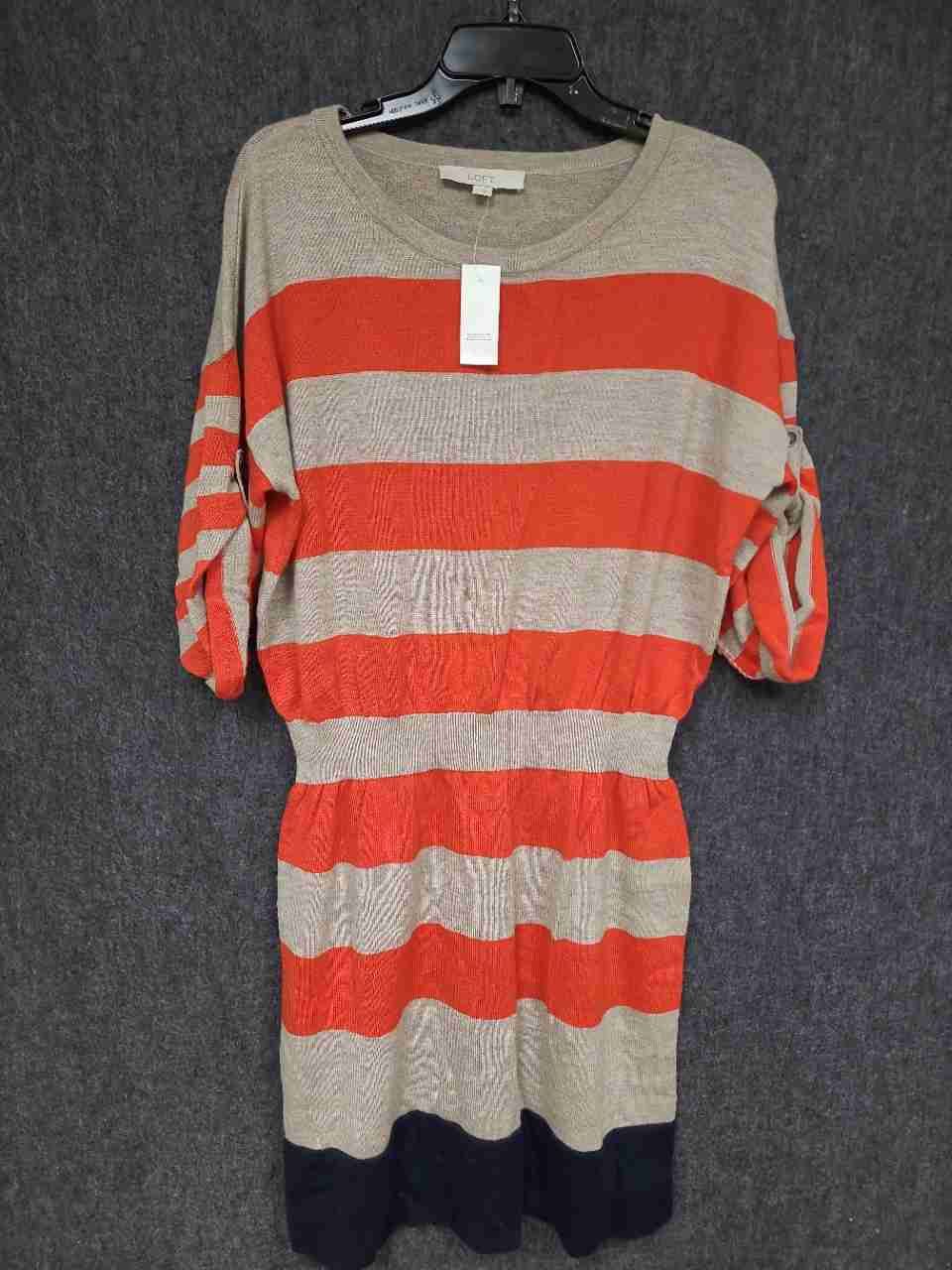 Loft Women's Orange Striped Merino Wool Blend Knit Sweater Dress NWT Sz L