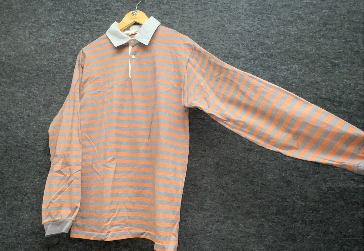 Vintage 90s Bob n Jane Striped Long Sleeve Rugby Shirt Gray Orange Sz M
