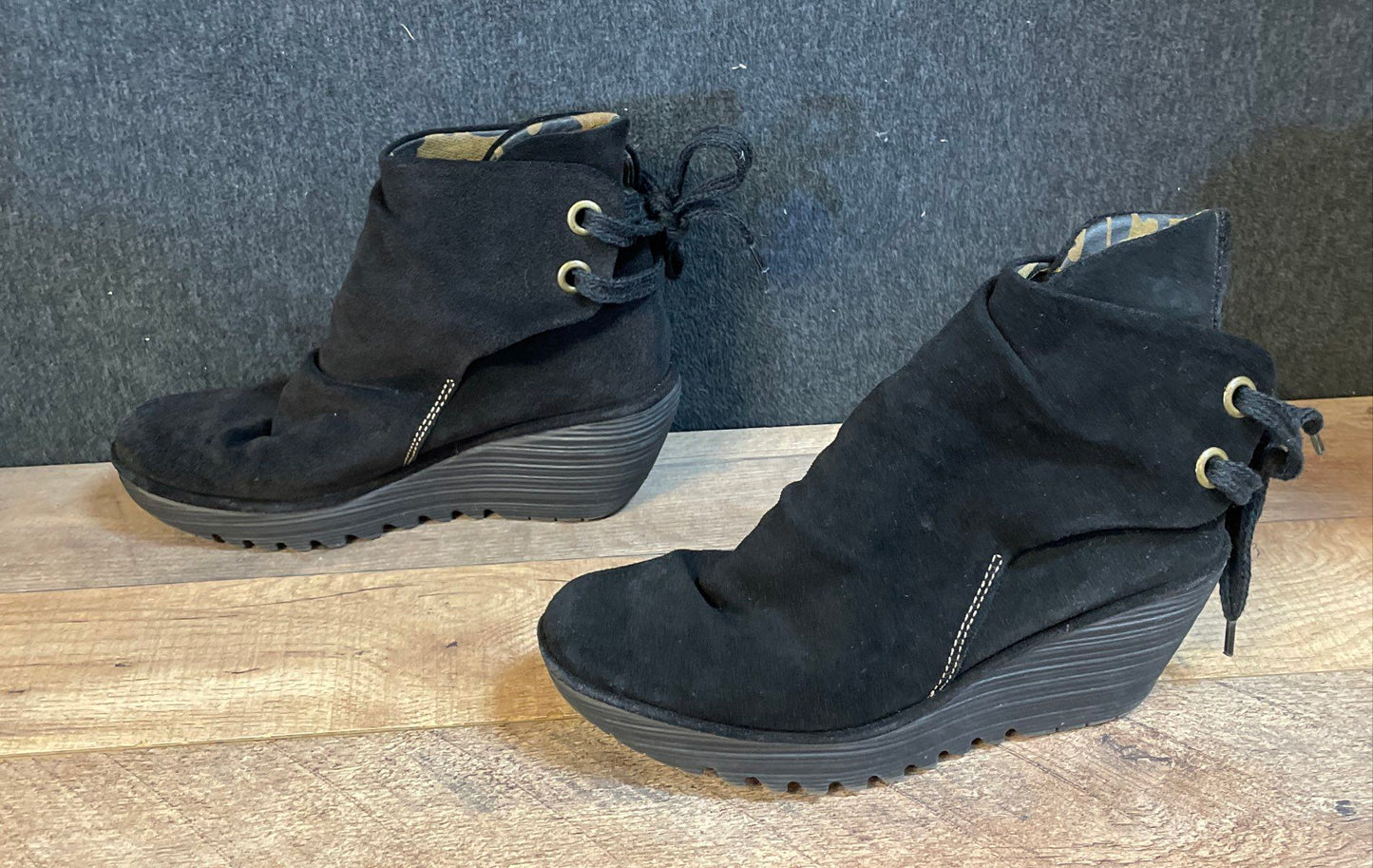 Fly London Yip Black Suede Wedge Ankle Boots Size 39