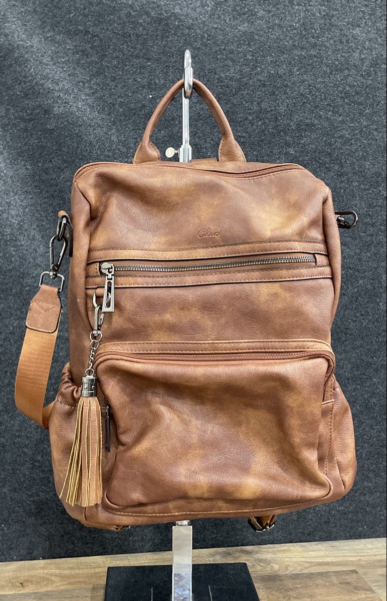 Cluci Brown Leather Backpack Multi-Pocket Convertible Shoulder Bag Tassel