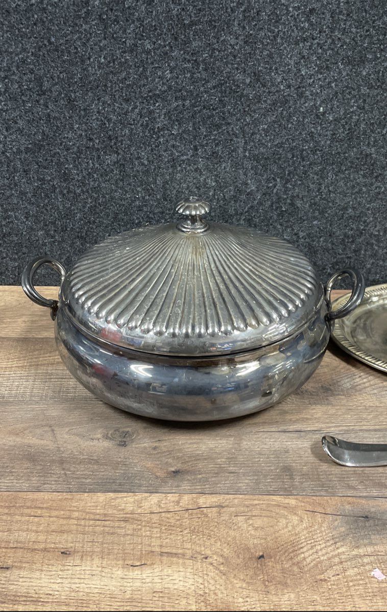 Vintage Silver Plate Holloware Serving Lot 4 Piece Tureen Tray Cup Spoon