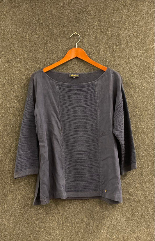 Luisa Spagnoli Women's Navy Knit Woven Mixed Media Boat Neck Top Sz L