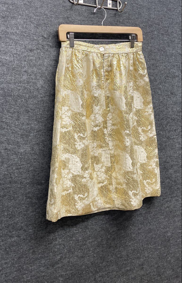 Vintage Women's Gold Metallic Floral Brocade High Waist A-Line Cocktail Skirt