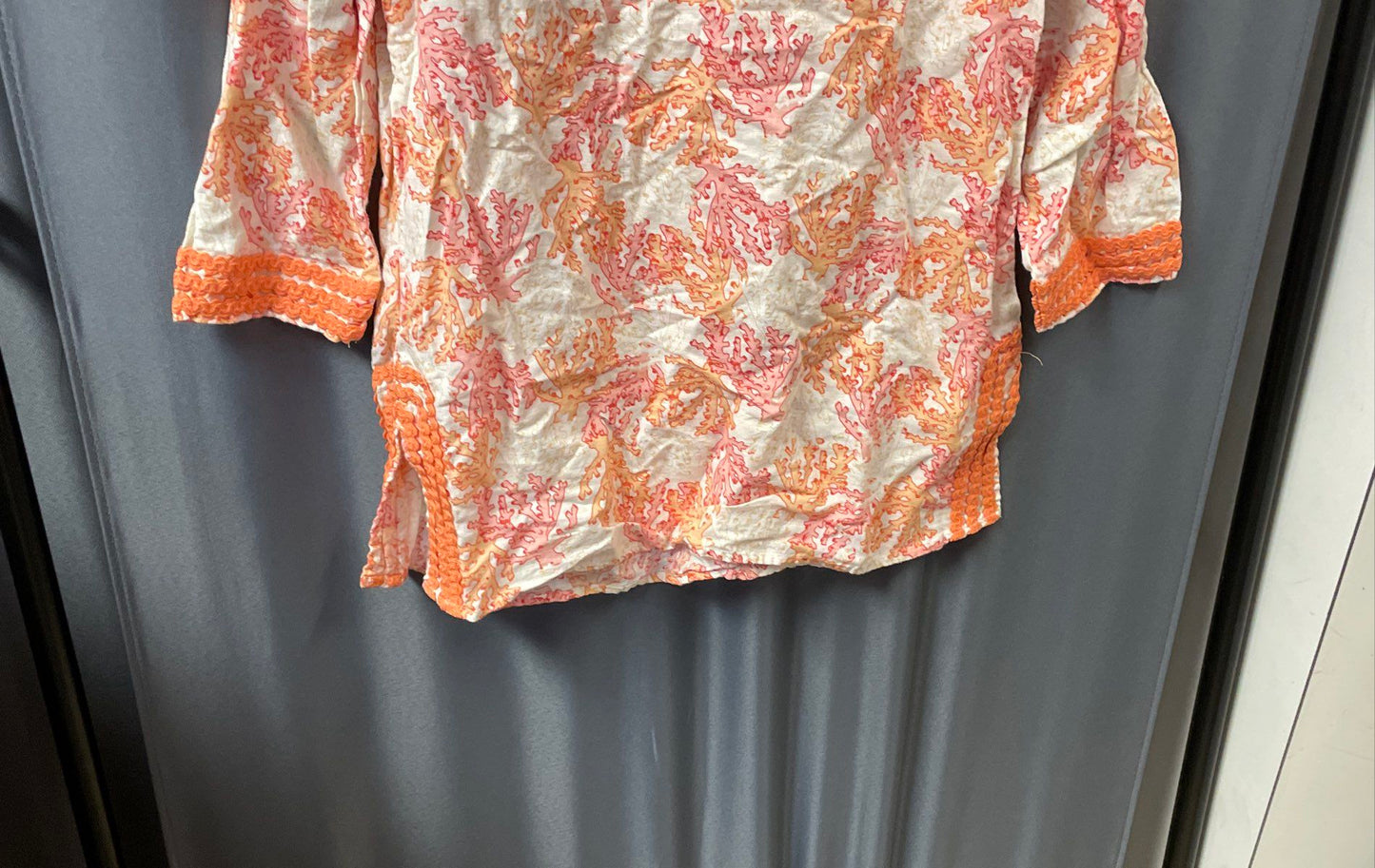 J. Jill Women's Coral V-Neck Top Sea Coral Print Linen Cotton Crochet Trim XS