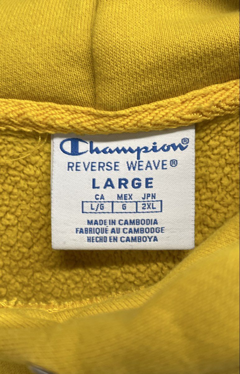 Champion Women's Yellow Reverse Weave Raw Hem Crop Top Hoodie Sz L