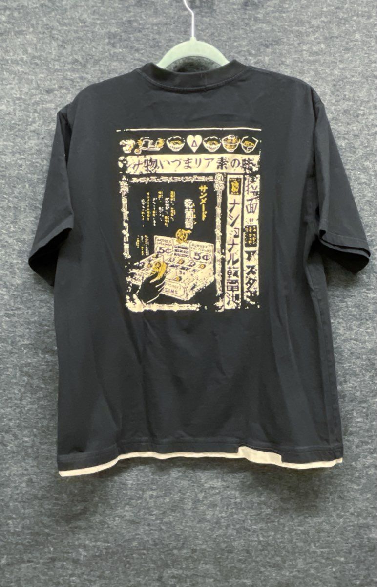 Aelfric Eden Japanese Retro Graphic Double Layer Hem T-Shirt Black Sz L
