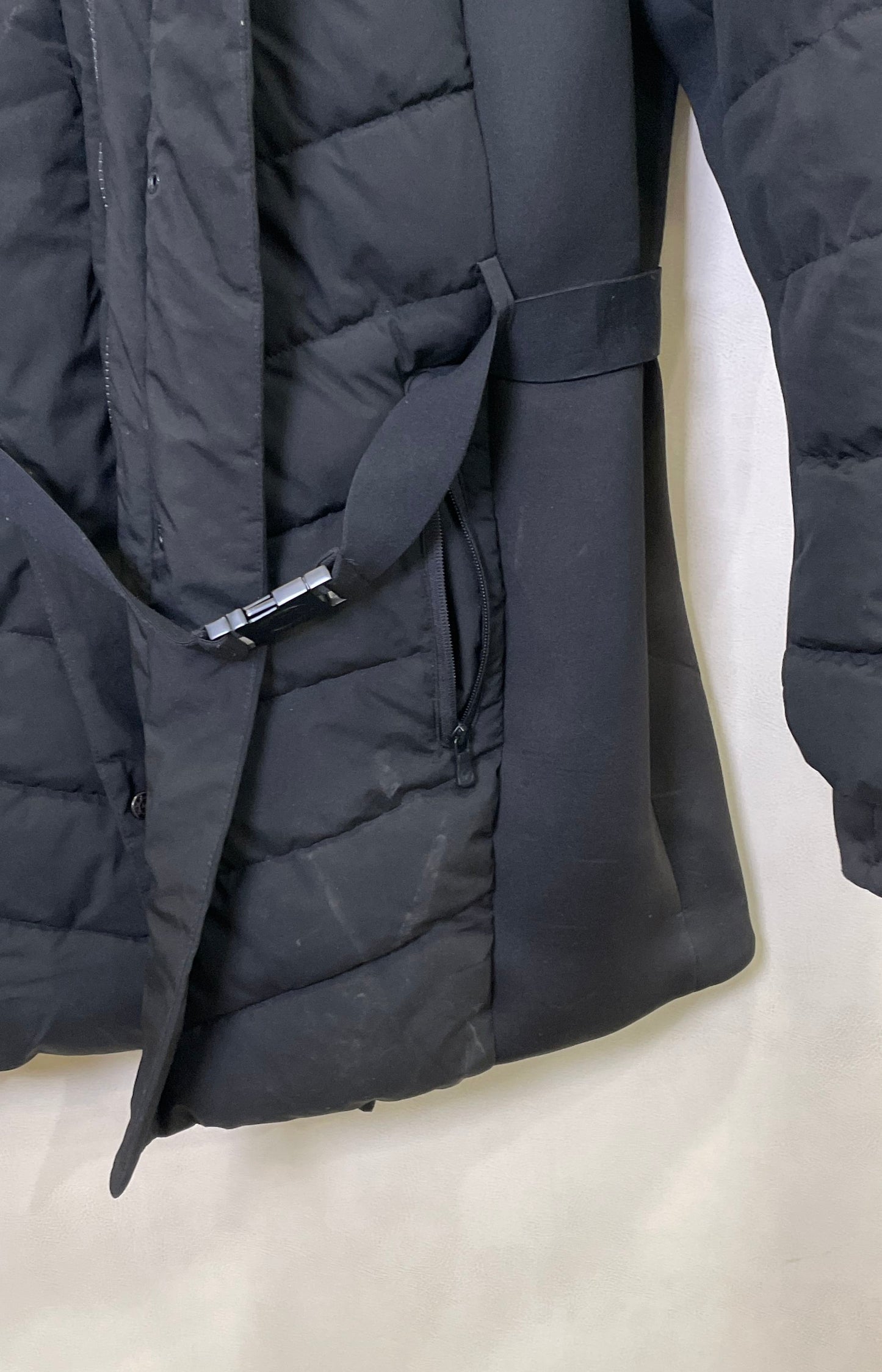 Michael Kors Women's Black Quilted Puffer Jacket Faux Fur Trim Hood Belted Sz 1X