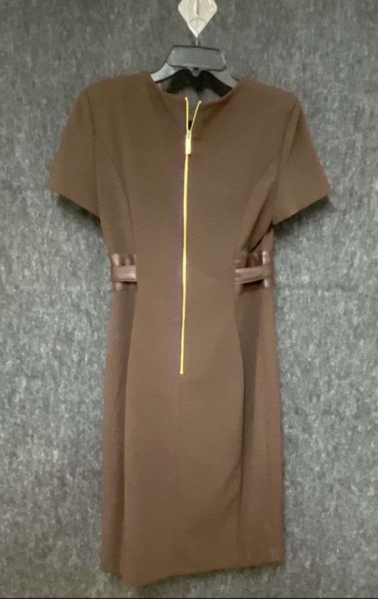 Calvin Klein Women's Brown Short Sleeve Faux Leather Belt Sheath Dress Sz 8
