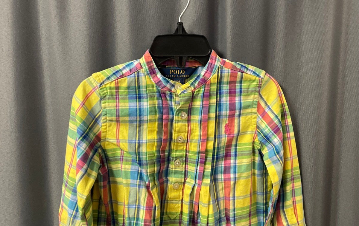 Polo Ralph Lauren Toddler Yellow Multi Plaid Band Collar Pleated Shirt Sz 3T
