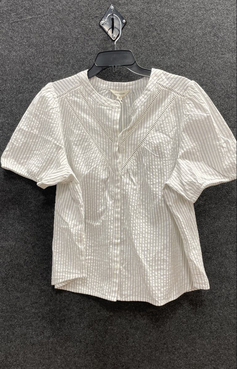 Lucky Brand Women's White Blue Stripe Puff Sleeve Eyelet Trim Blouse Top Sz XL
