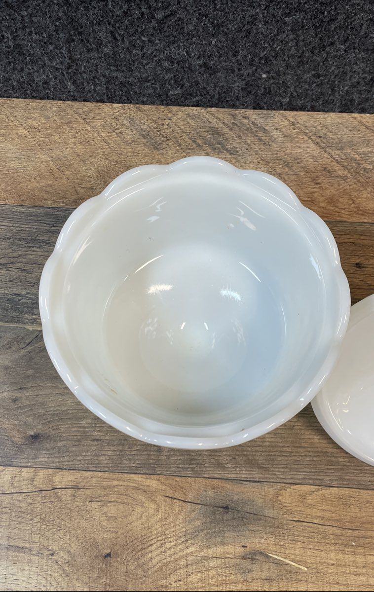 Pressed Milk Glass White Lot 2 Lidded Candy Dish & Small Ruffled Bowl Vintage