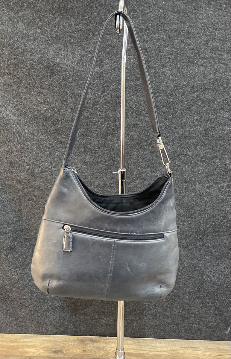 Tignanello Dark Navy Blue Leather Hobo Shoulder Bag Silver Hardware
