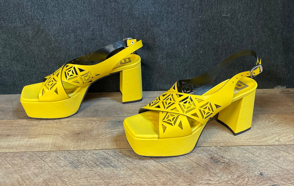 Emanuele Crasto Yellow Leather Cut-Out Platform Heels Made In Italy Size 40