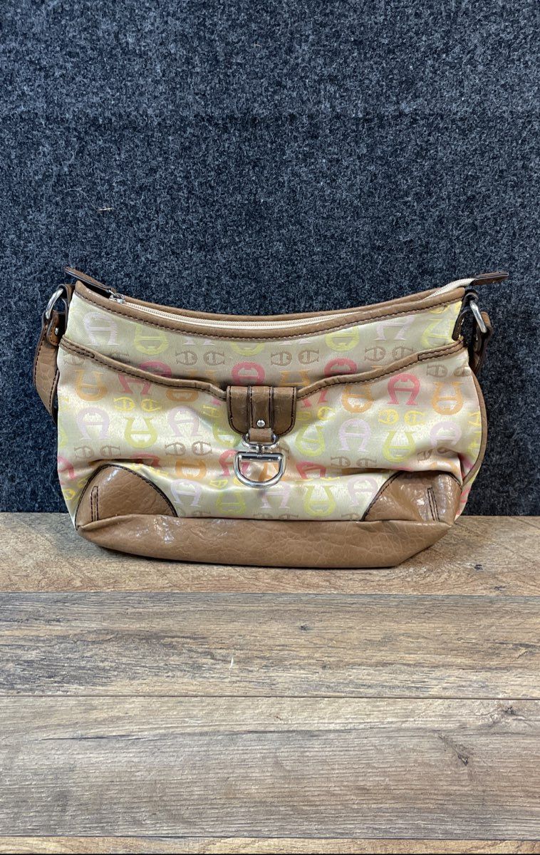 Etienne Aigner Tan Multicolor Monogram Logo Canvas Shoulder Bag Purse