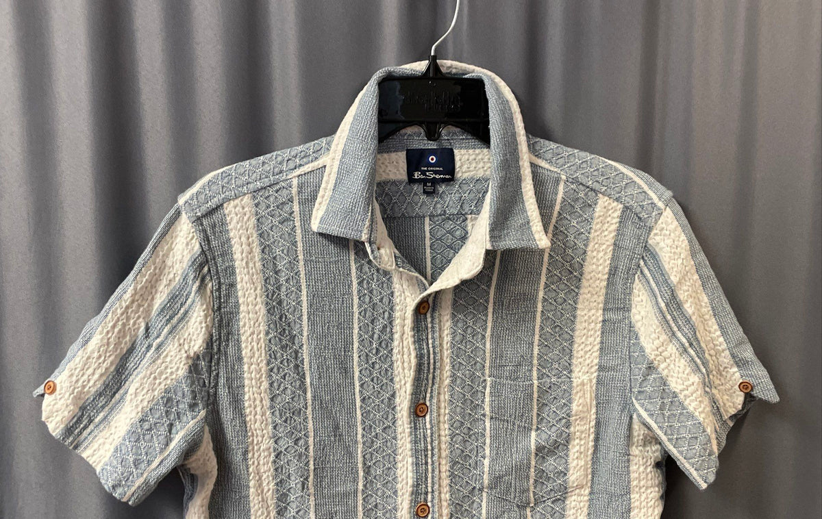 Ben Sherman Men's Blue White Textured Knit Vertical Stripe Button Up Shirt Sz M