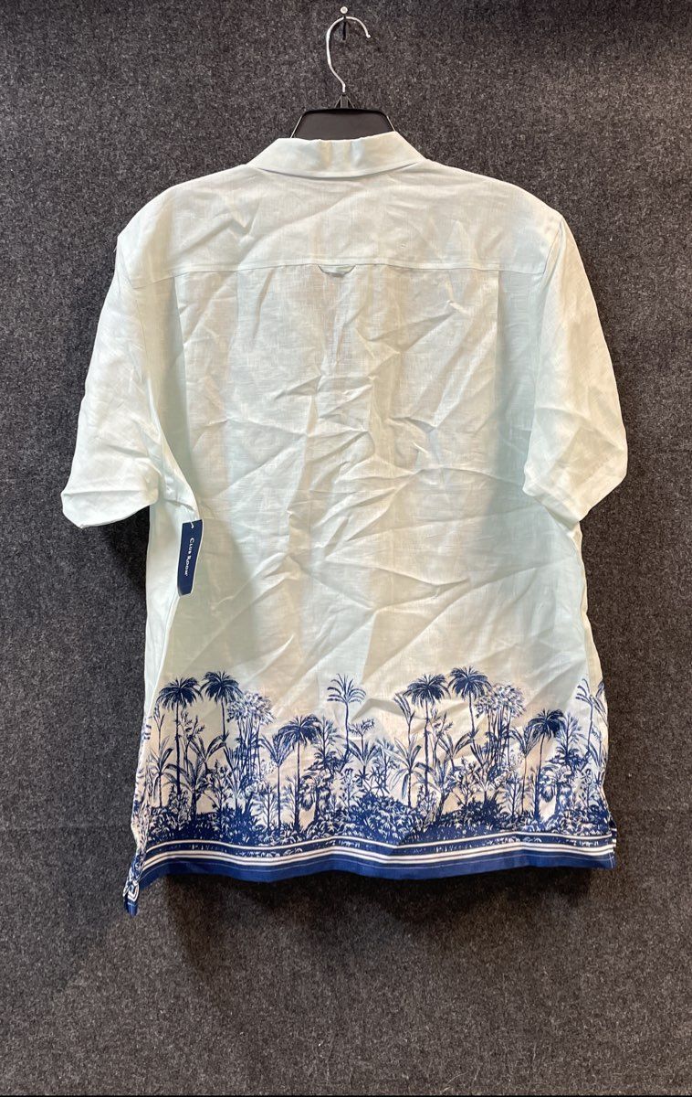 Club Room Men's Short Sleeve Linen Shirt Aqua Blue Palm Tree Border Print XL NWT