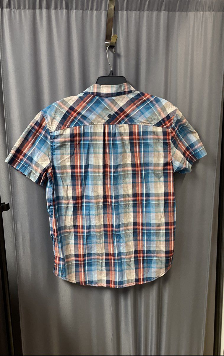 Prana Men's Blue Orange Plaid Short Sleeve Button Down Cotton Shirt Sz Medium