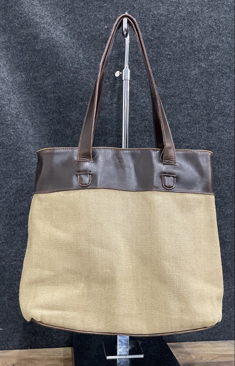 Liz Claiborne Tan Fabric Brown Leather Large Tote Bag Vintage 90s Handbag