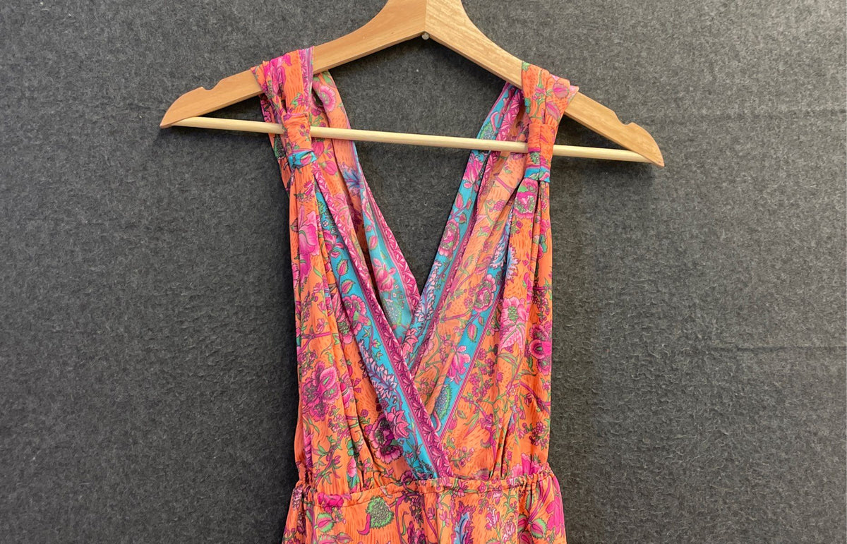 White Waves Women's Orange Multi Floral Boho Plunging V-Neck Maxi Dress M NWT
