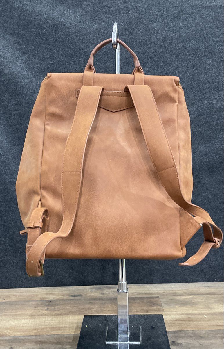 Unbranded Tan Faux Leather Minimalist Flap Backpack Bag Large Gold Hardware