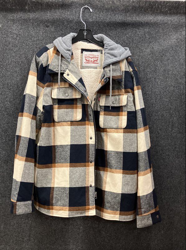 Levi's Men's Plaid Sherpa Lined Hooded Flannel Jacket Blue Tan Sz XL