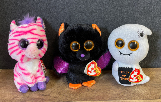Ty Beanie Boos Plush Toy Lot of 3 Halloween Ghost Bat Zebra With Tags